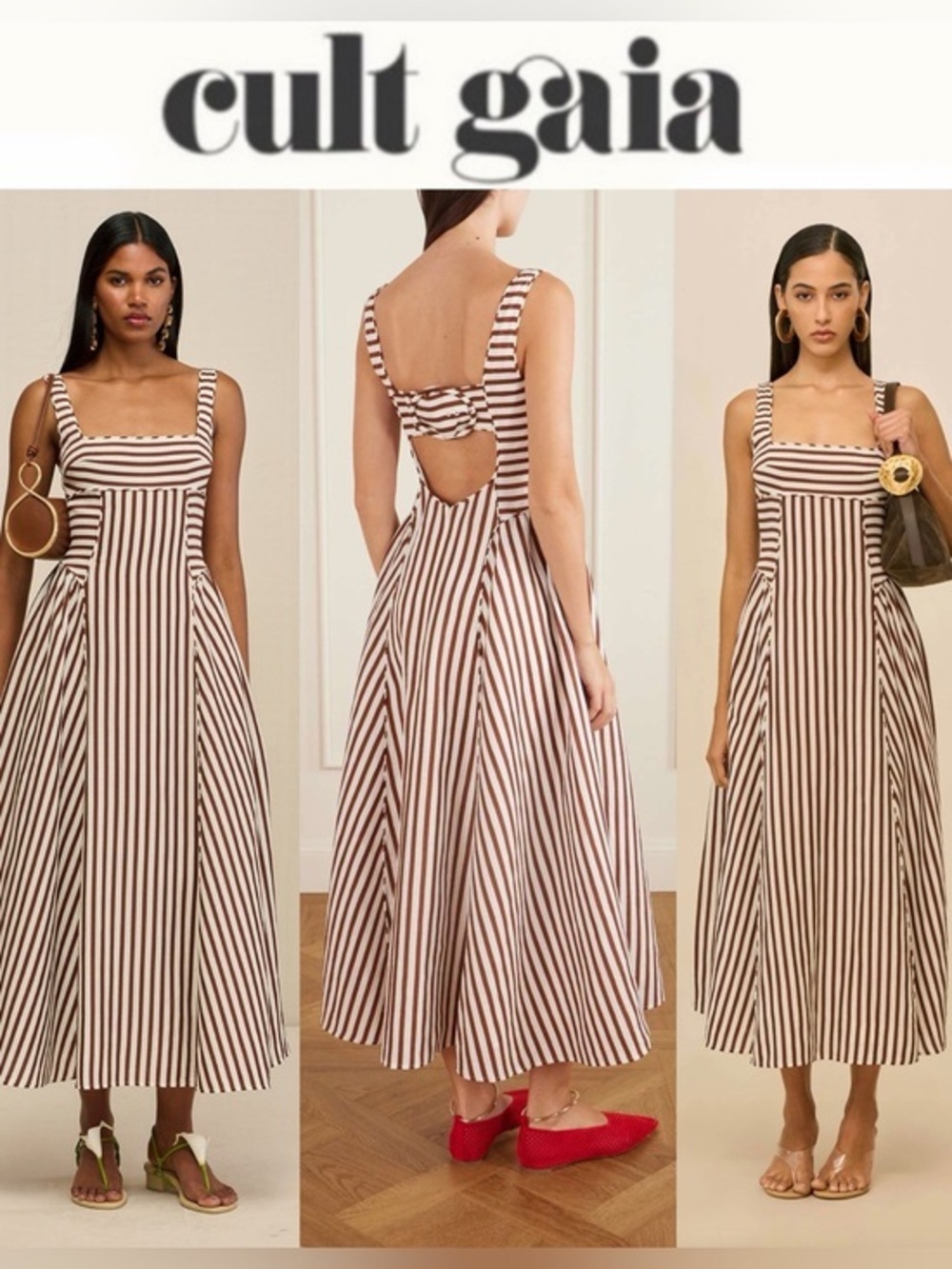Cult Gaia Carla Dress Brown & White Striped Tie-Back Midi Sz 0 NWT $758